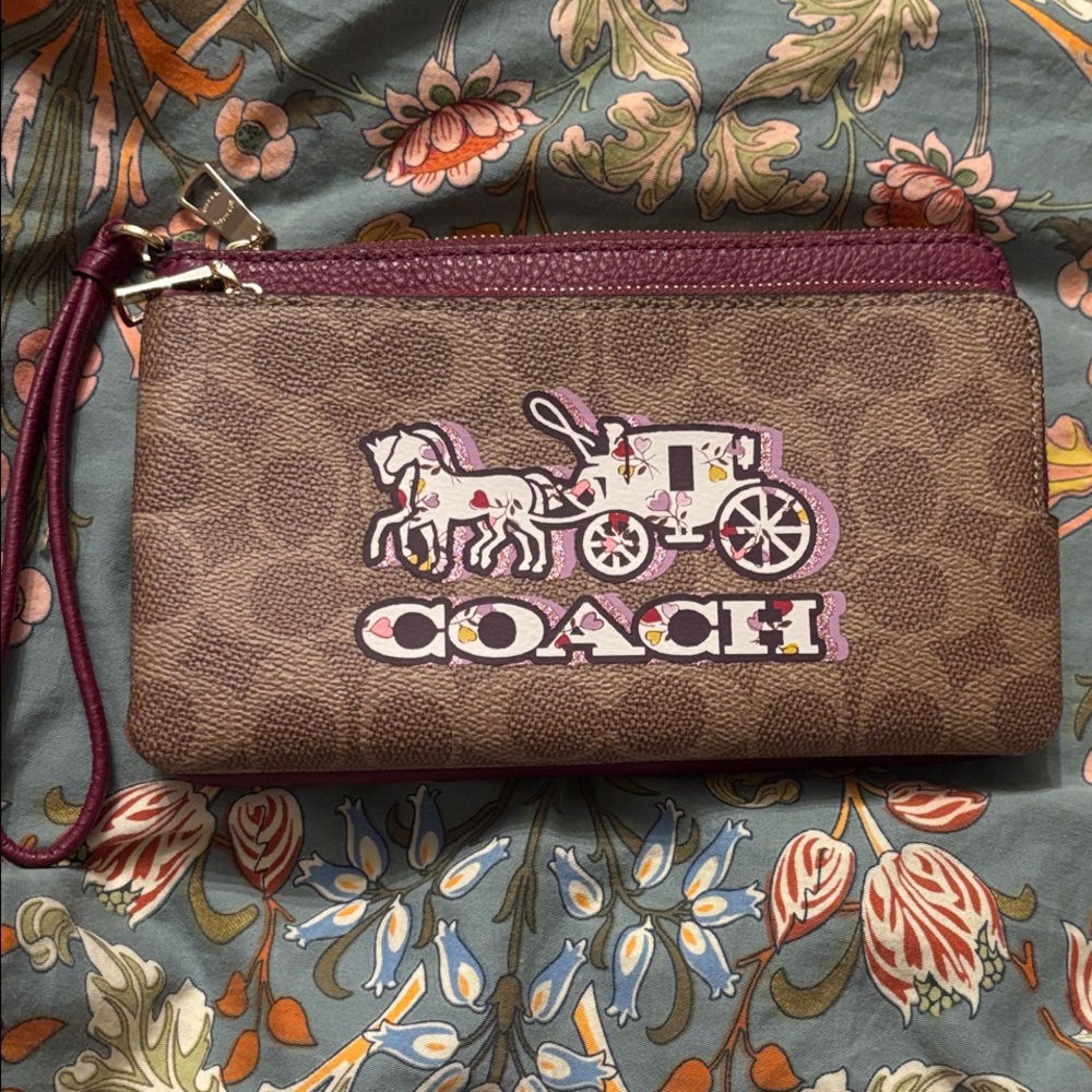 Coach Brown Signature Wristlet with plum and Pink Details